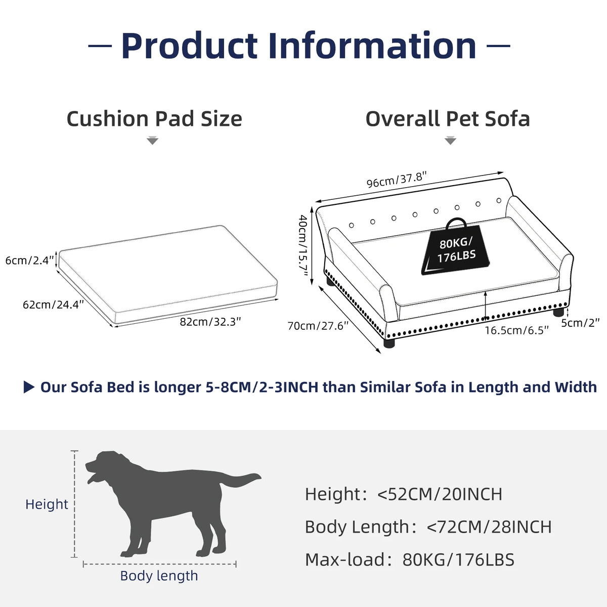 Extra Large Dog Sofa Couch Bed for Medium to Large Dogs Elevated Pet Sofa Lounge Furniture Removable Sponge Cushion