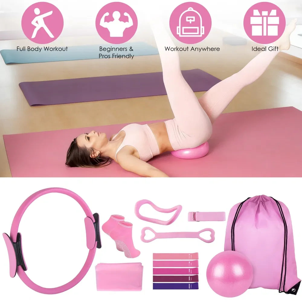 Complete Pilates Ring Fitness Kit With Resistance Bands And Stretcher