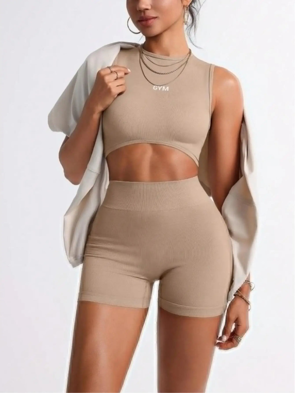Womens Seamless Two Piece Workout Crop Tank And Biker Shorts