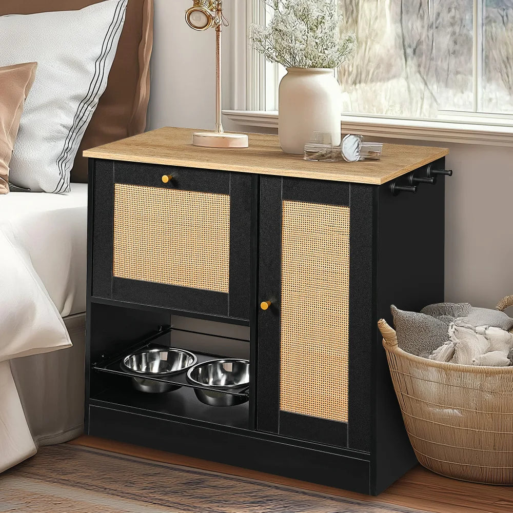 Feeding station with 2 lockers, pet feeding station with 2 elevated dog bowls, side hooks, anti-tipping kit, hidden pet feeding station for feeding and watering, rattan door, black