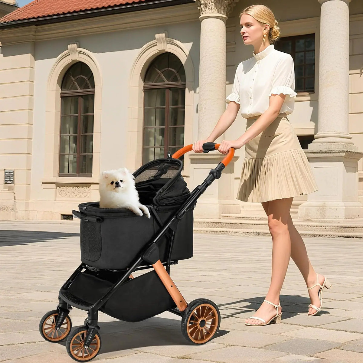 Foldable Aluminum Pet Stroller With Adjustable Height And Frame