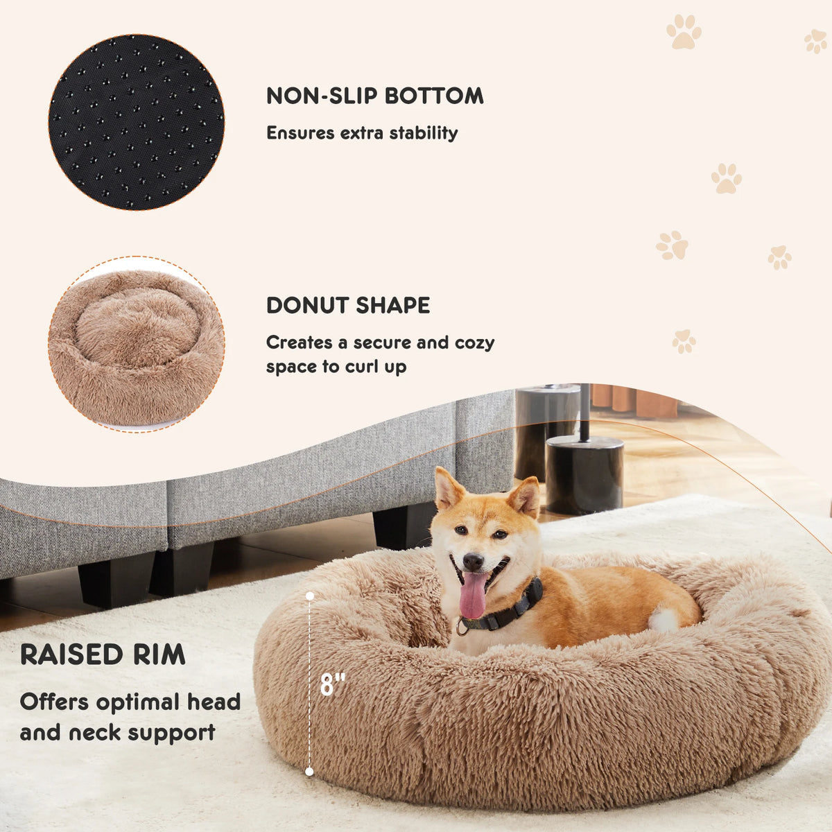 JHK Calming Dog Bed Plush Faux Fur Washable Pet Bed