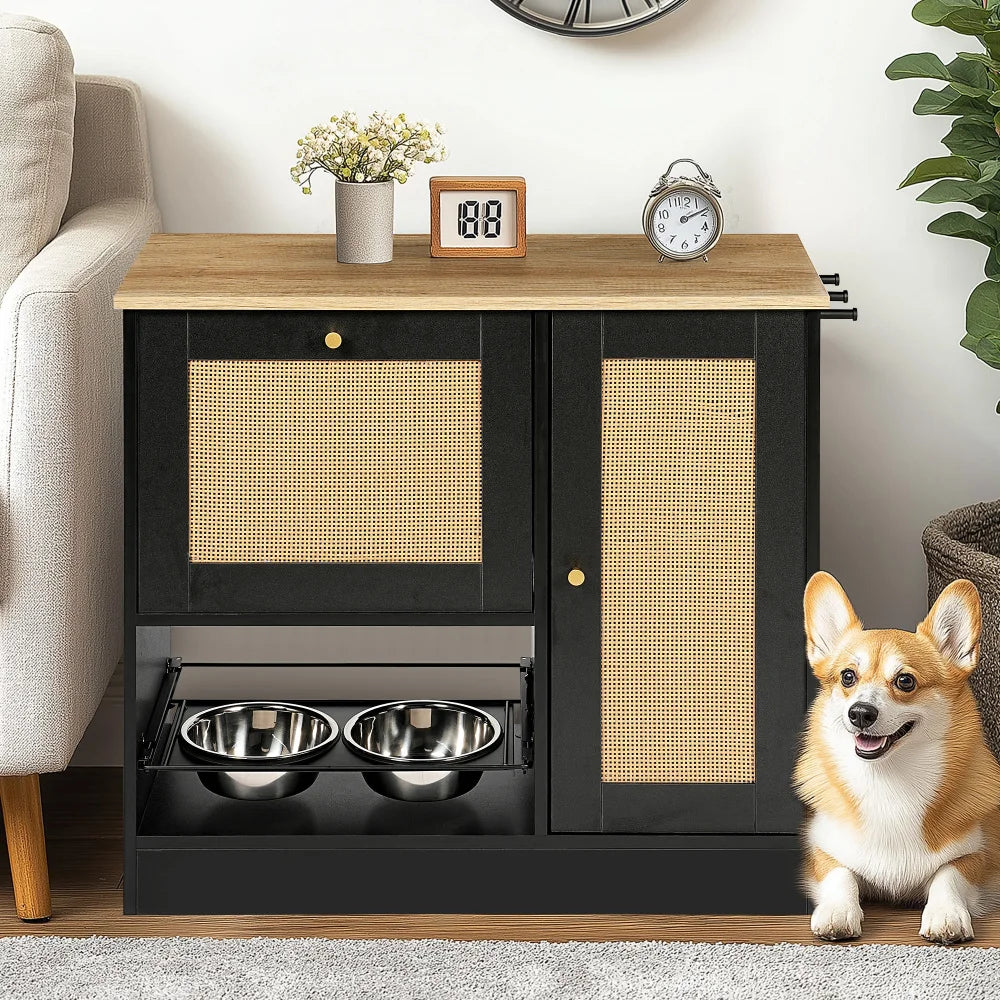 Feeding station with 2 lockers, pet feeding station with 2 elevated dog bowls, side hooks, anti-tipping kit, hidden pet feeding station for feeding and watering, rattan door, black