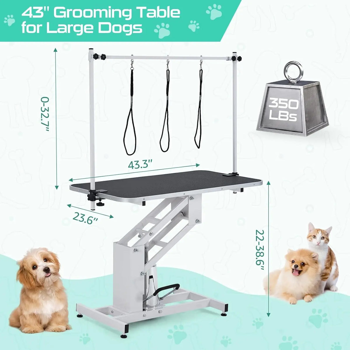 Garvee 43.3" Electric Pet Grooming Table 350 LBS Heavy Duty Dog Grooming Arm  for Large Dog Salon-Grade Pet Height Adjustable Grooming Station Slip Tabletop