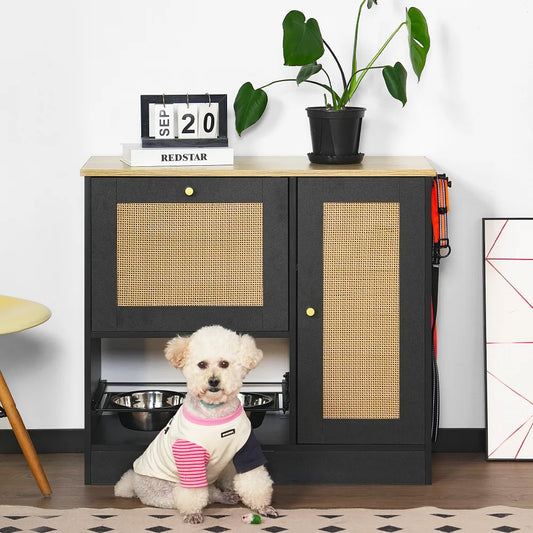Feeding station with 2 lockers, pet feeding station with 2 elevated dog bowls, side hooks, anti-tipping kit, hidden pet feeding station for feeding and watering, rattan door, black