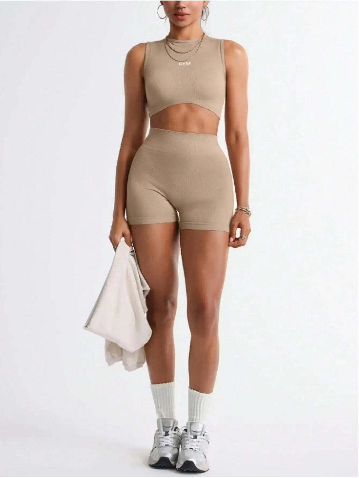 Womens Seamless Two Piece Workout Crop Tank And Biker Shorts