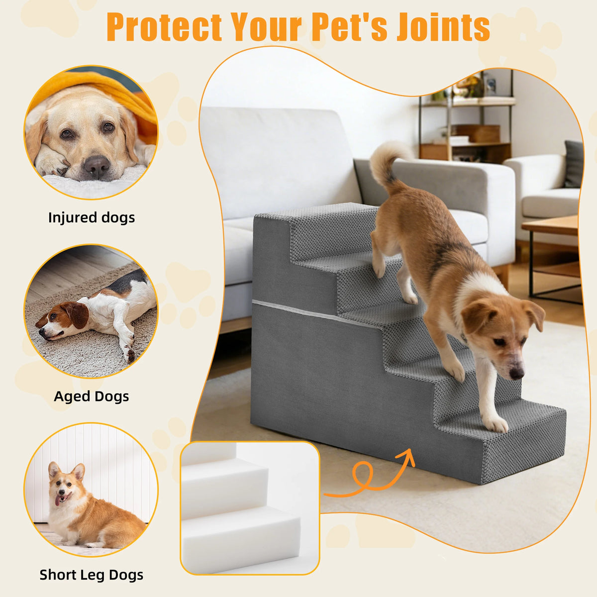 Indoor Foam Dog Stairs Ramp With Non Slip Curved Steps