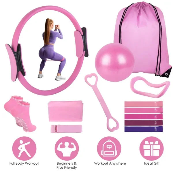 Complete Pilates Ring Fitness Kit With Resistance Bands And Stretcher