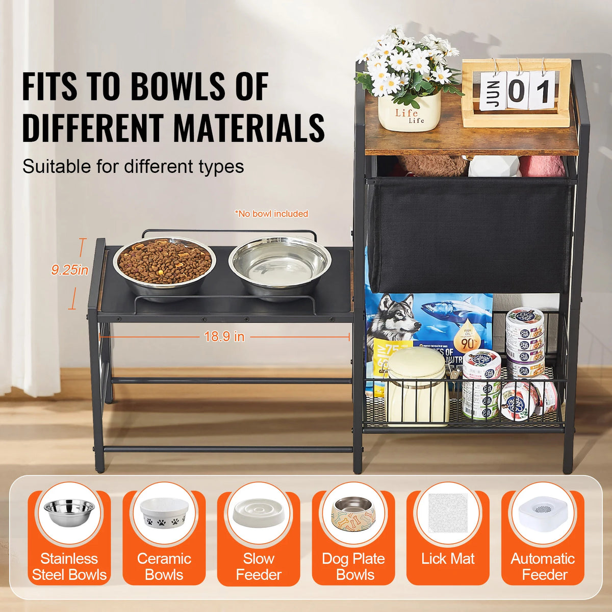 VEVOR Pet Feeding Station with Storage Elevated Dog Bowls Raised Dog Bowl Stand w/ Storage Shelves Pet Toy Storage Organizer