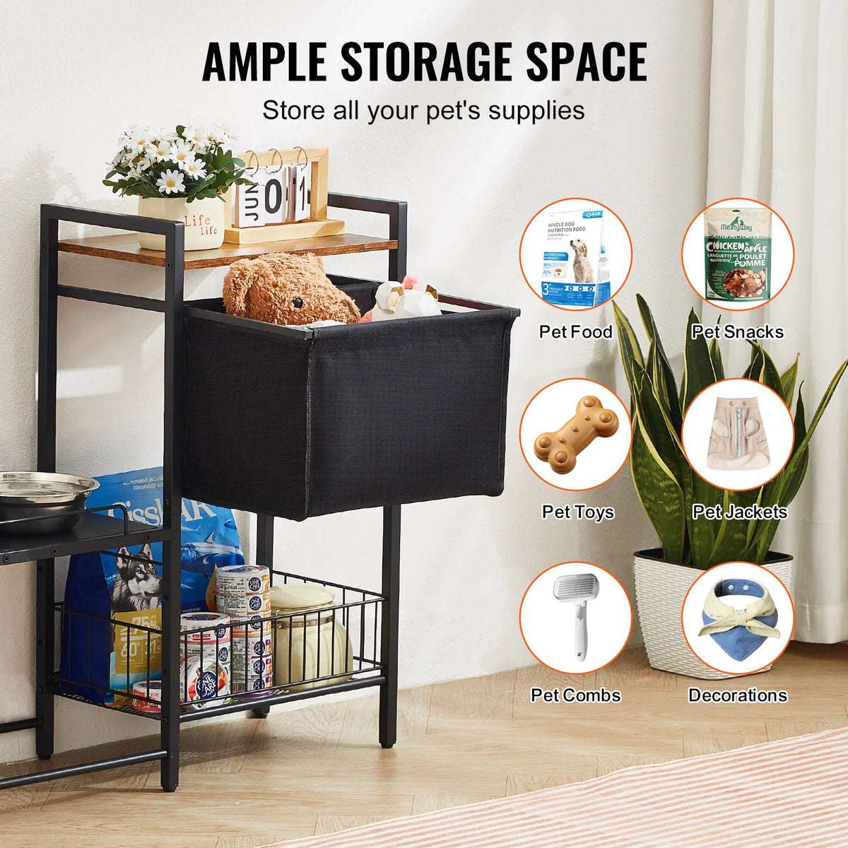 VEVOR Pet Feeding Station with Storage Elevated Dog Bowls Raised Dog Bowl Stand w/ Storage Shelves Pet Toy Storage Organizer