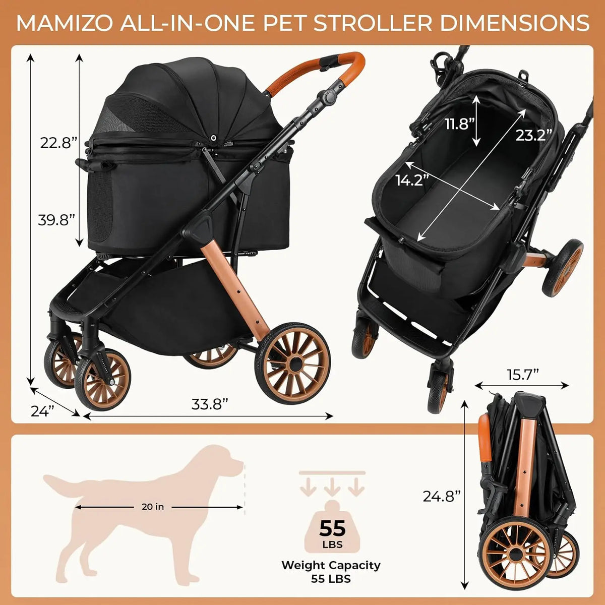 Foldable Aluminum Pet Stroller With Adjustable Height And Frame