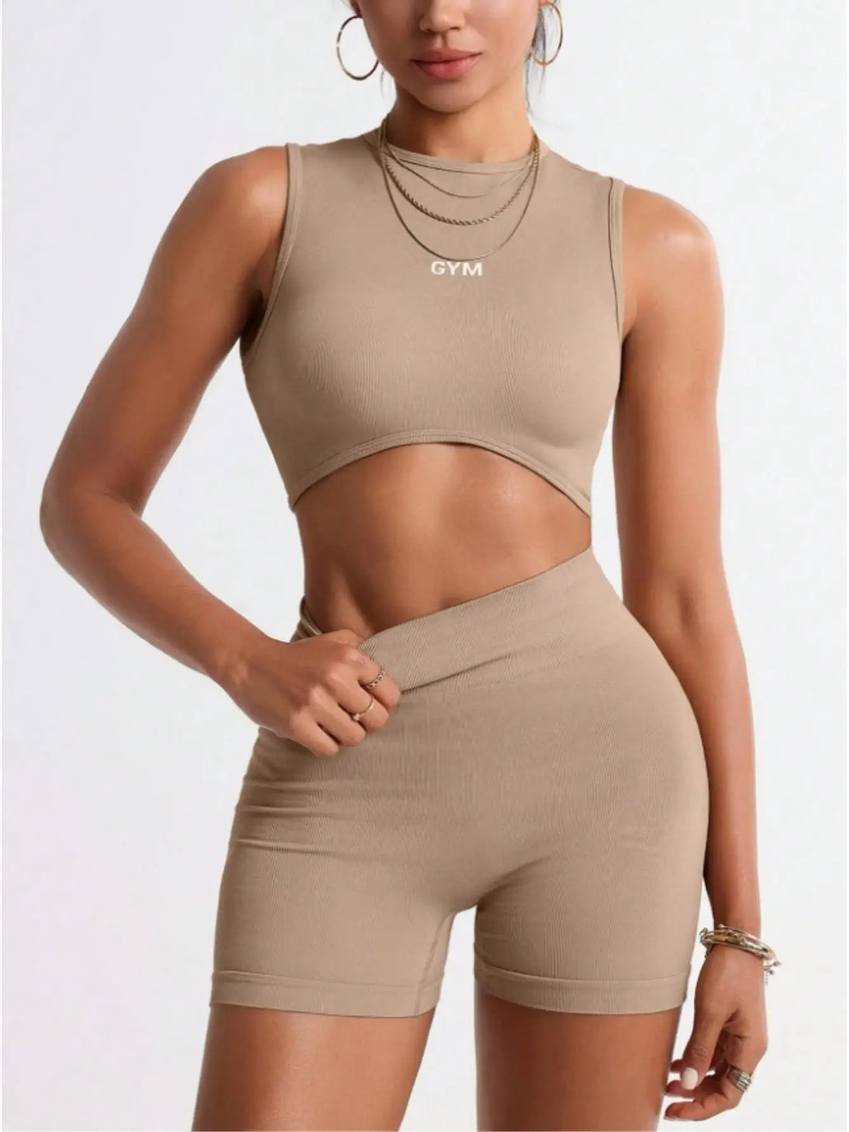 Womens Seamless Two Piece Workout Crop Tank And Biker Shorts
