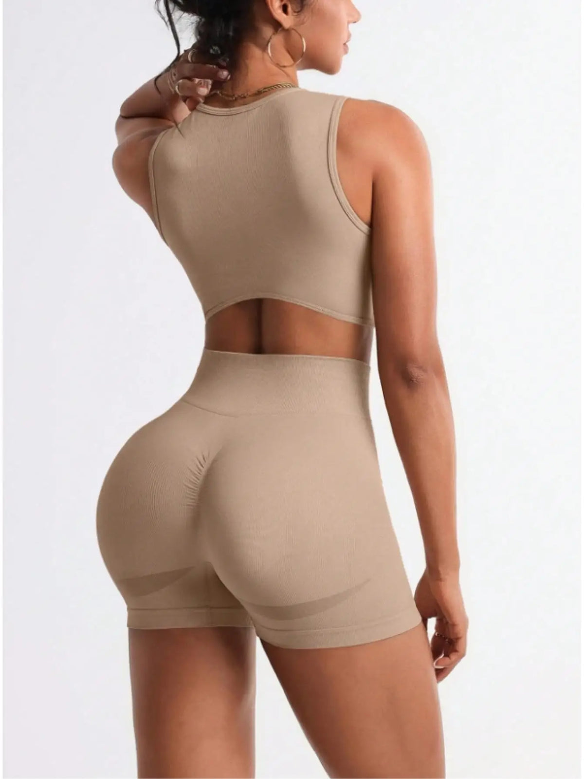 Womens Seamless Two Piece Workout Crop Tank And Biker Shorts