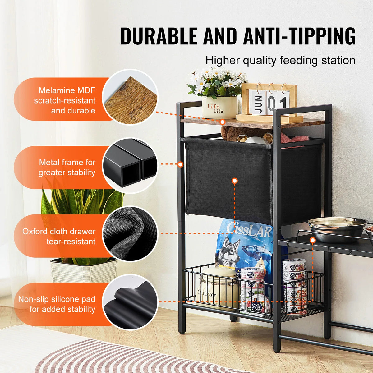 VEVOR Pet Feeding Station with Storage Elevated Dog Bowls Raised Dog Bowl Stand w/ Storage Shelves Pet Toy Storage Organizer