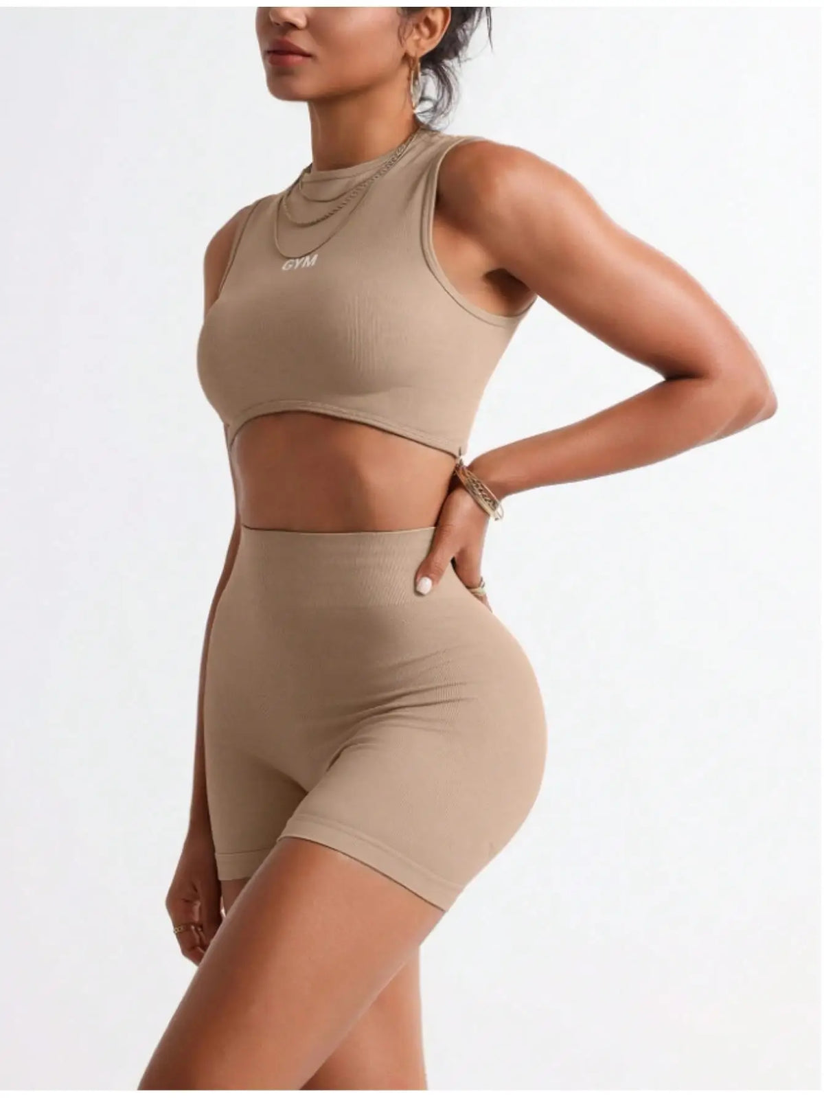Womens Seamless Two Piece Workout Crop Tank And Biker Shorts