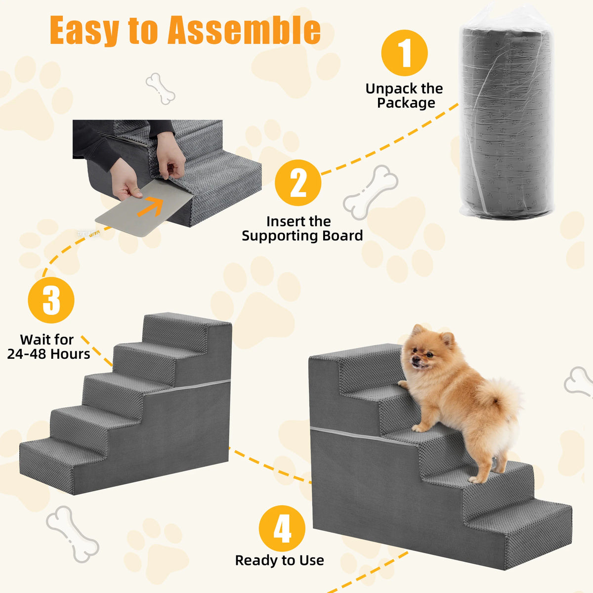 Indoor Foam Dog Stairs Ramp With Non Slip Curved Steps